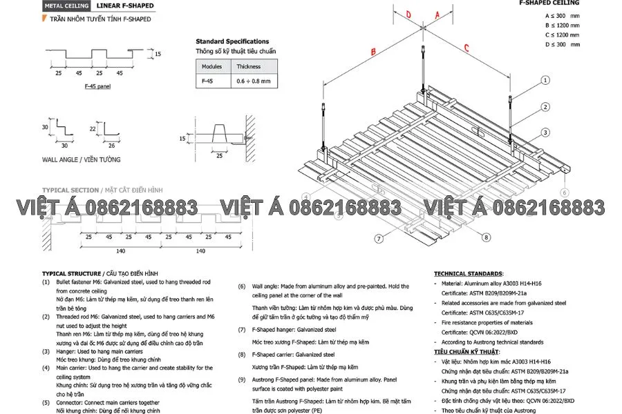 Trần nhôm sóng F45-Shaped 16 Bản vẽ chi tiết cấu tạo của trần nhôm F45-Shaped