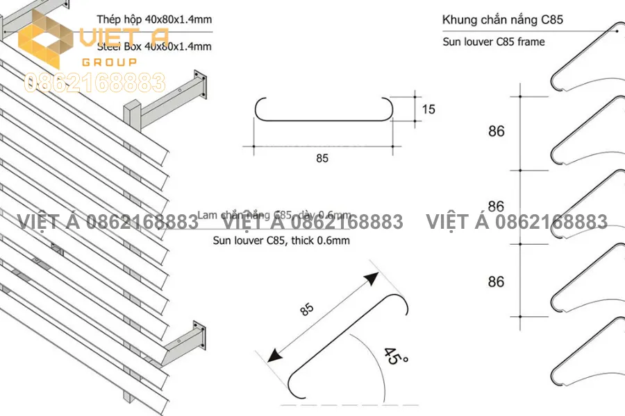 Xây dựng thanh lam vào thanh khung trong hệ thống chắn nắng 85c