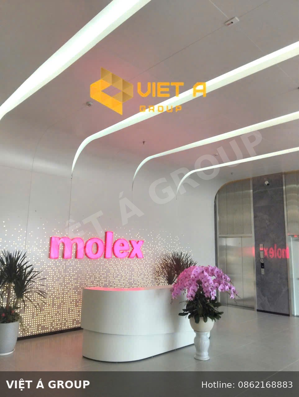 Góc nhìn thẳng khu vực sảnh với tấm ốp nhôm CNC xuyên sáng nhà máy Molex
