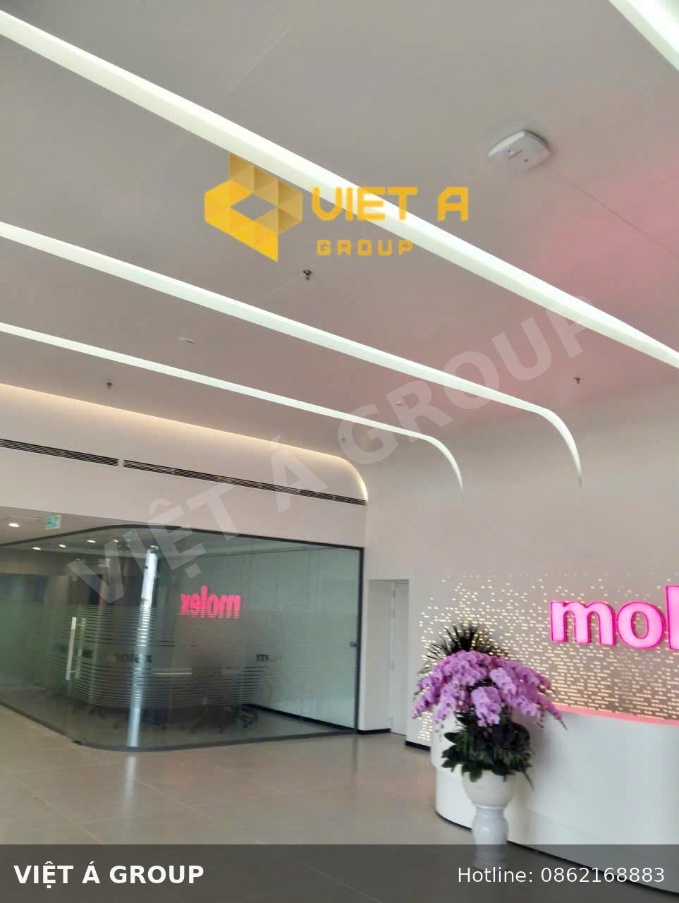 Tổng quan khu vực sảnh nhà máy Molex với hệ trần và vách nhôm do Việt Á Group thi công