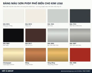 Bảng mẫu màu sơn PVDF phổ biến cho kim loại: trắng, xám, đen, nâu, bạc, champagne, đồng ánh kim